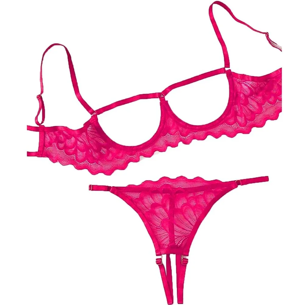 Hot Pink Sheer Lace Lingerie Bra Panty Set 2-Piece M - NWT
